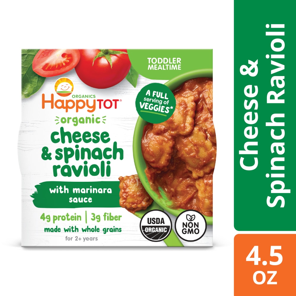 Happy Tot Organics Cheese & Spinach Ravioli with Marinara Sauce Organic Toddler Mealtime Bowl