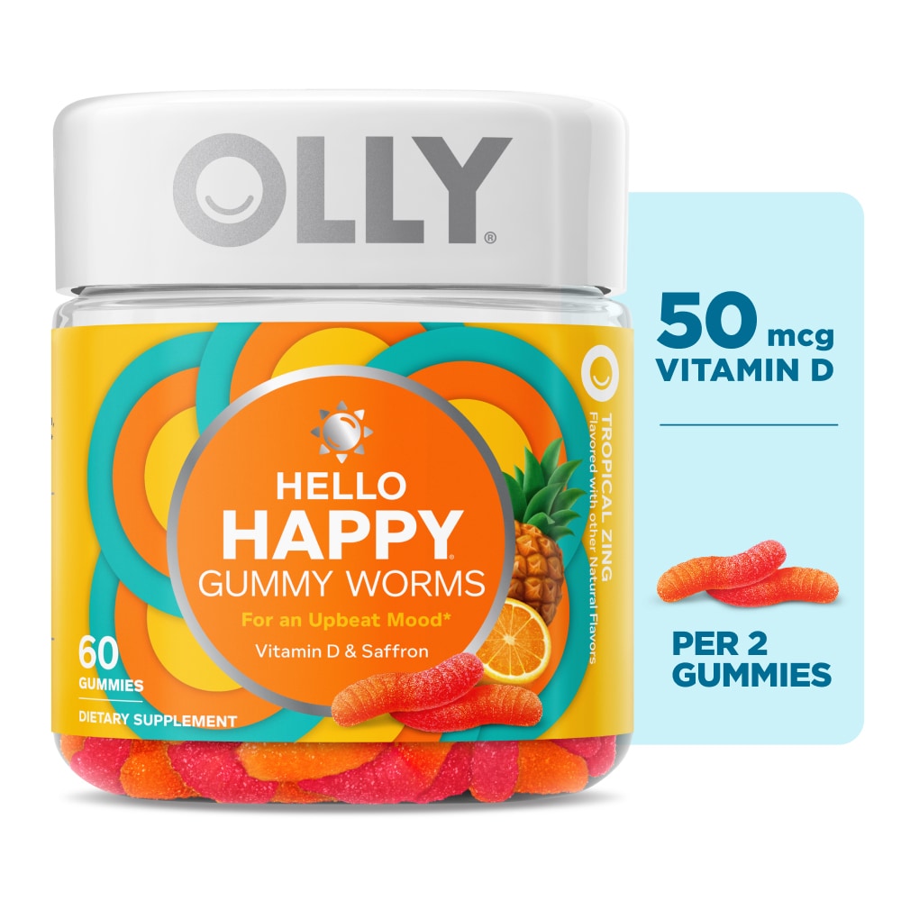 OLLY Hello Happy Tropical Flavor Gummy Supplement Vitamin D 2000IU and Saffron