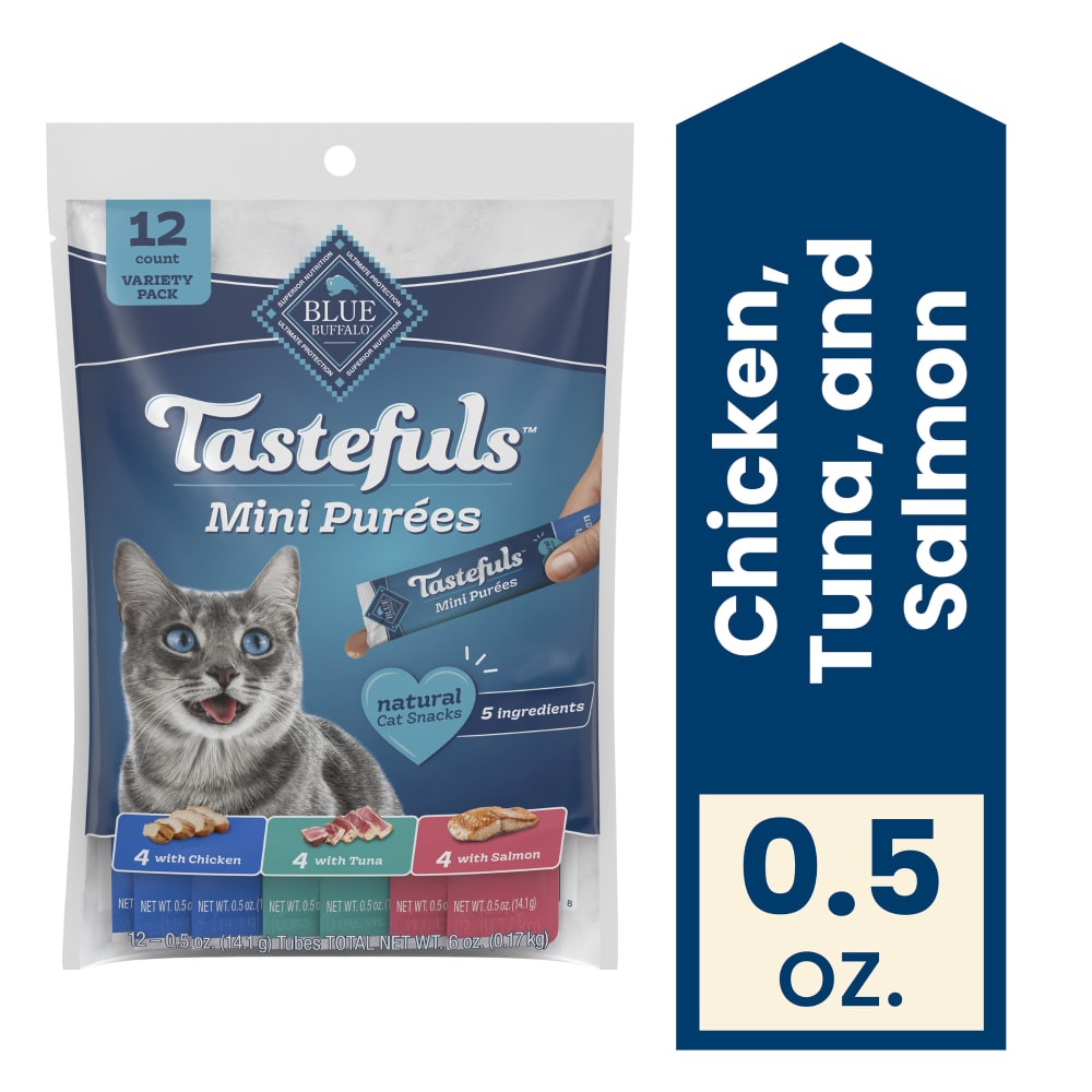 Blue Buffalo Tastefuls Mini Purées Cat Treats, Chicken, Tuna, and Salmon Variety Pack, 12-Count