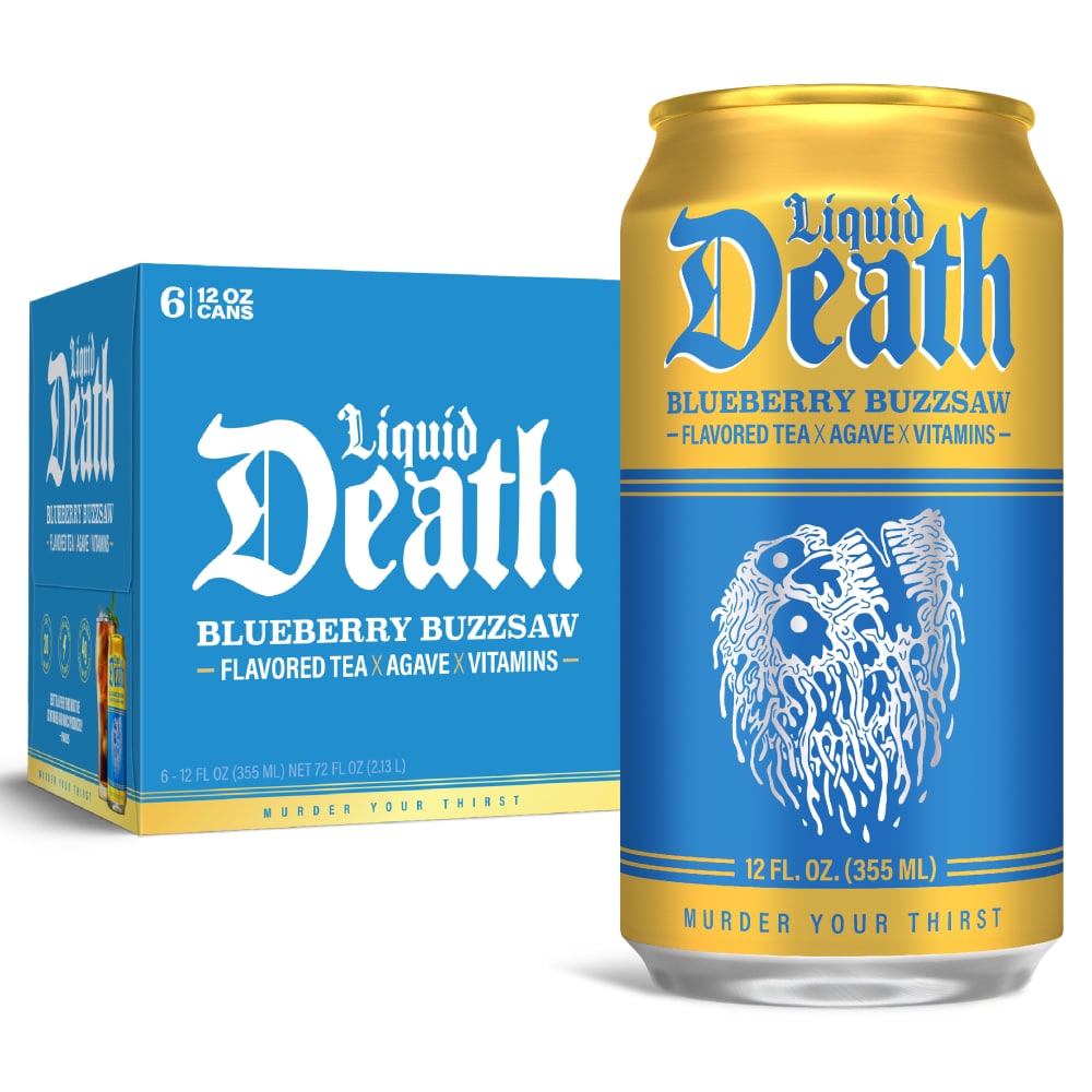 Liquid Death, Blueberry Buzzsaw Iced Tea, Blueberry Flavored Black Tea