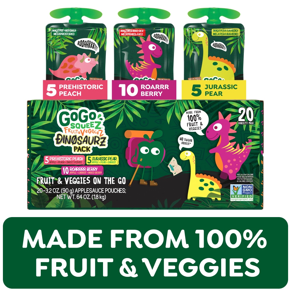 GoGo squeeZ FruitZ & VeggieZ No Sugar Added Dino Pear Peach Carrot Applesauce Variety Pouches