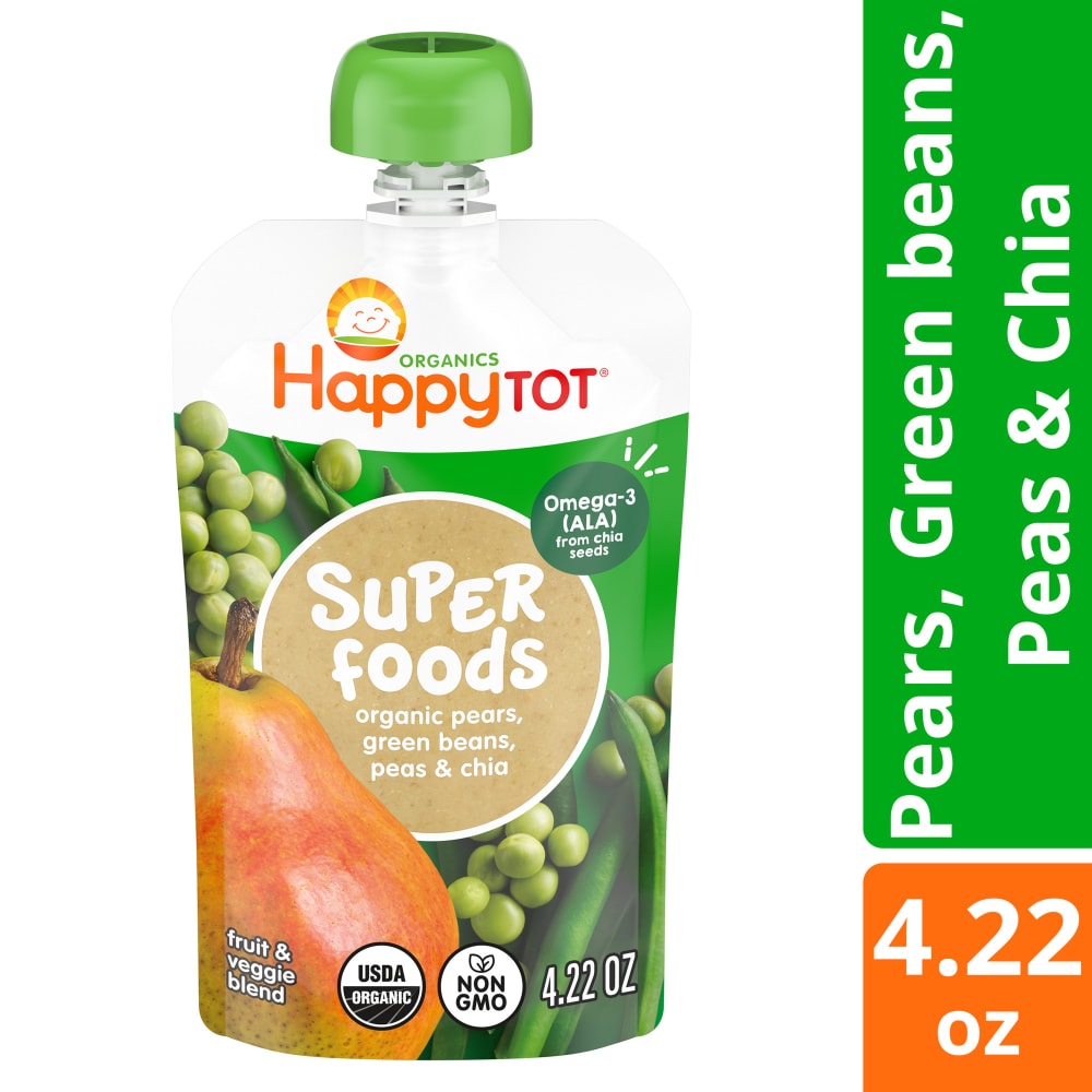 Happy Tot Organics Super Foods Stage 4 Pears Green Beans Peas & Chia Organic Toddler Food Pouch