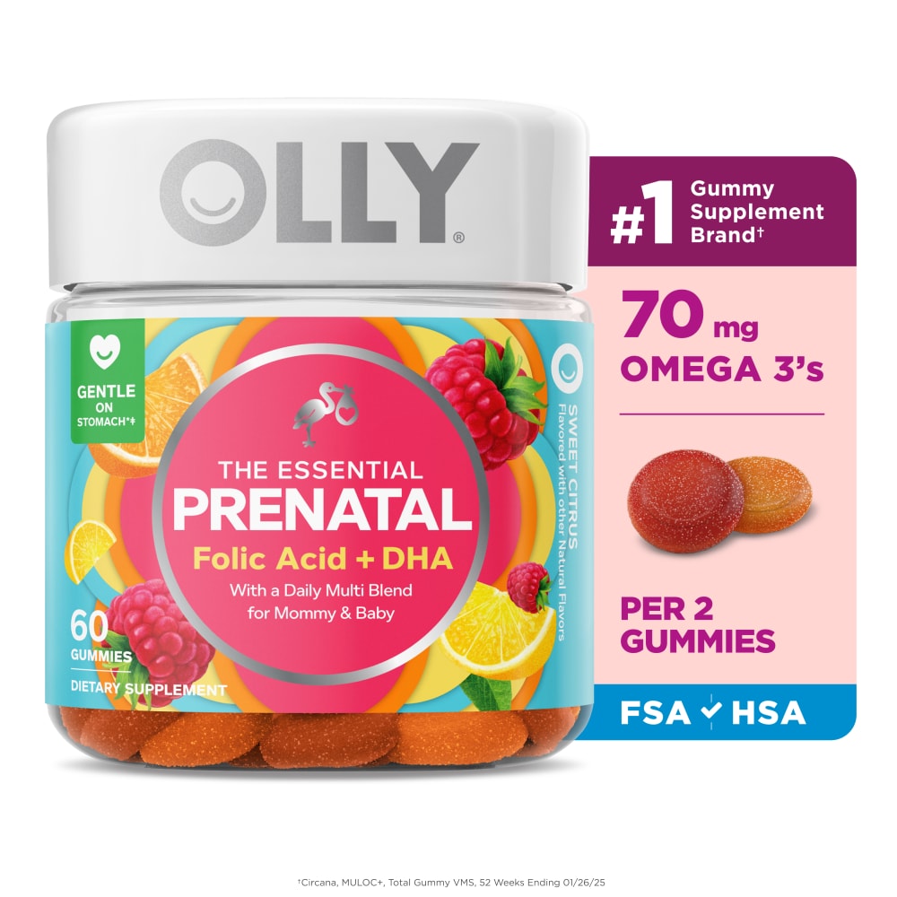OLLY Essential Prenatal Multivitamin With Folic Acid DHA Omega-3 Citrus Flavor Gummy Supplement