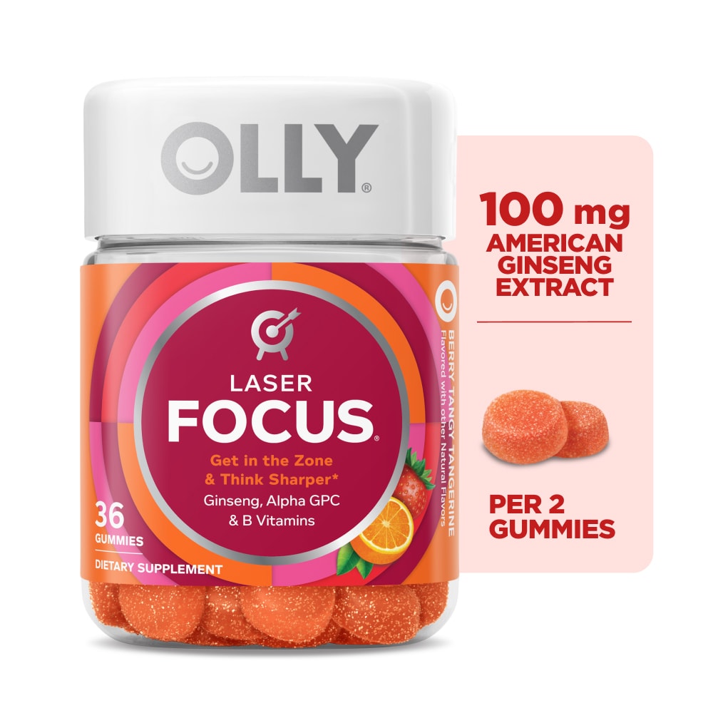 OLLY Laser Focus Tangerine Flavored Gummy Supplement Ginseng Extract and Vitamin B12