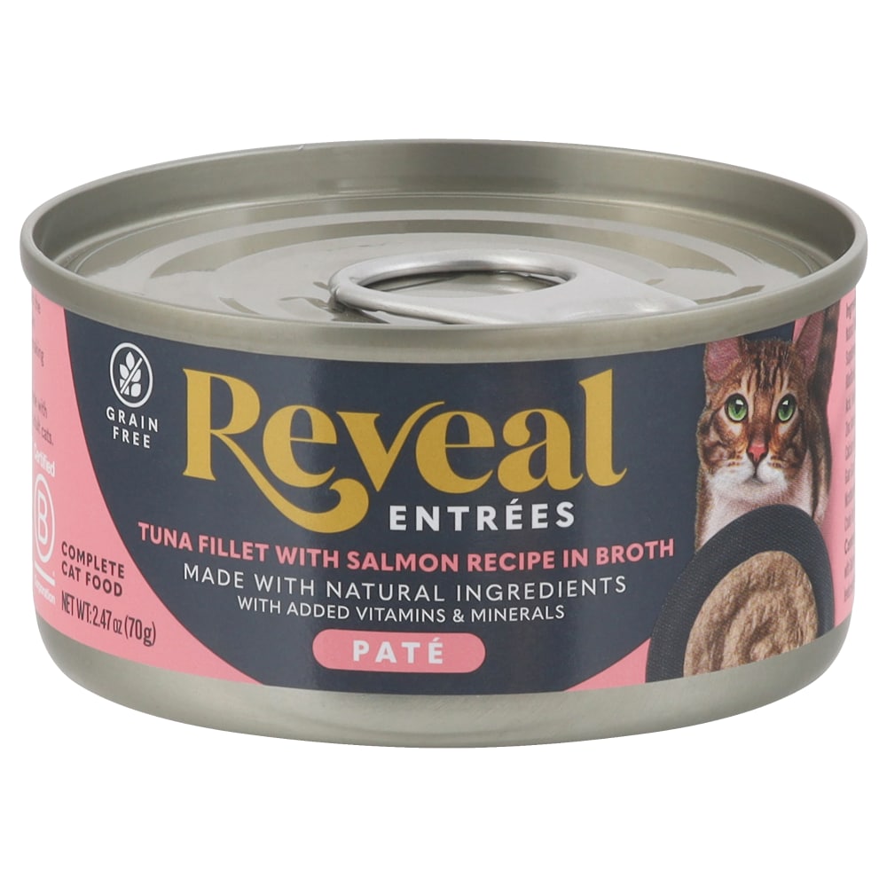 Reveal Entrees Pate Tuna Fillet With Salmon Recipe in Broth Adult Wet Cat Food