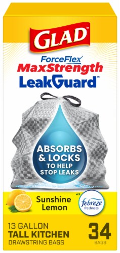 Glad ForceFlex MaxStrength LeakGuard Tall Kitchen Trash Bags, 13 Gal, Sunshine Lemon Scent, 34 Ct Glad ForceFlex MaxStrength LeakGuard Tall Kitchen Trash Bags, 13 Gal, Sunshine Lemon Scent, 34 Ct